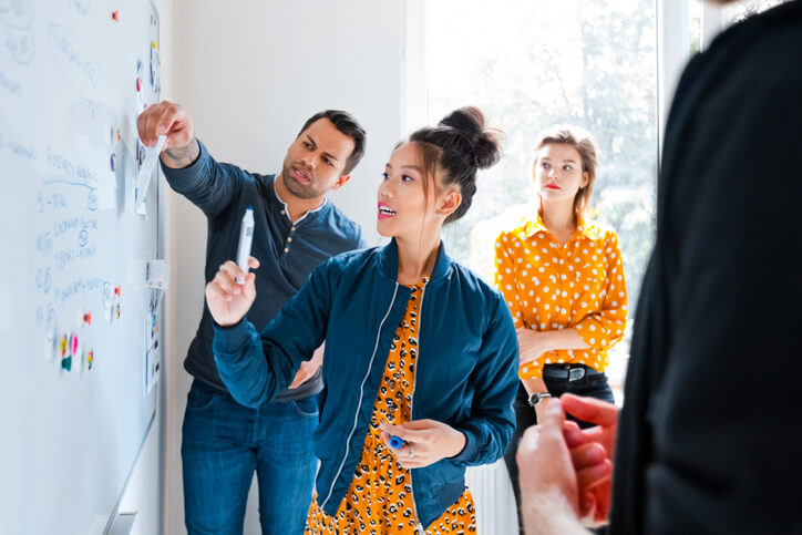 Multi ethnic group of coworkers discussing at the white board. Creative people at workplace.