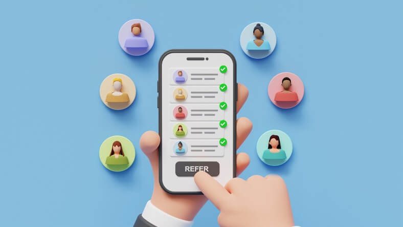 Referral program concept. Hand holding phone. Business partnership strategy with group of people.