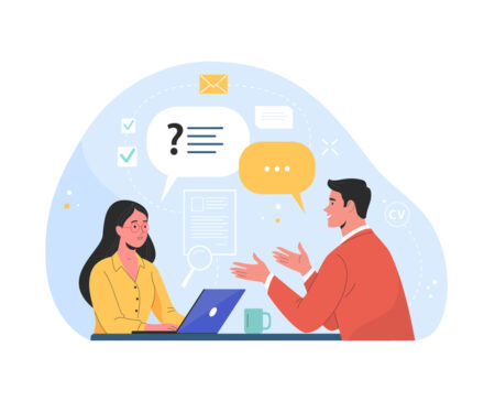 Vector flat modern illustration of a man talking to a young woman with laptop. Isolated on background