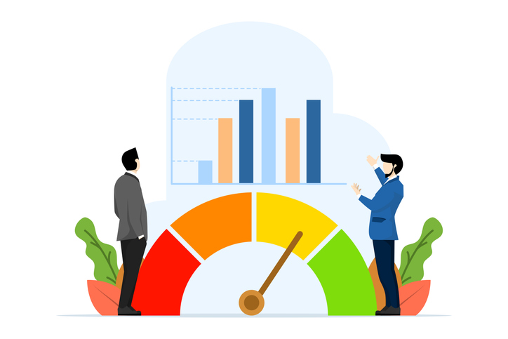concept of performance appraisal or customer feedback, credit score or satisfaction measurement, quality control or improvement, businessman analyzing business performance indicators. vector illustration.