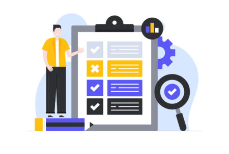Assessment Flat Design Colorful Vector Illustration. A young man, pencil, clipboard, magnifying glass, check mark and other design elements.