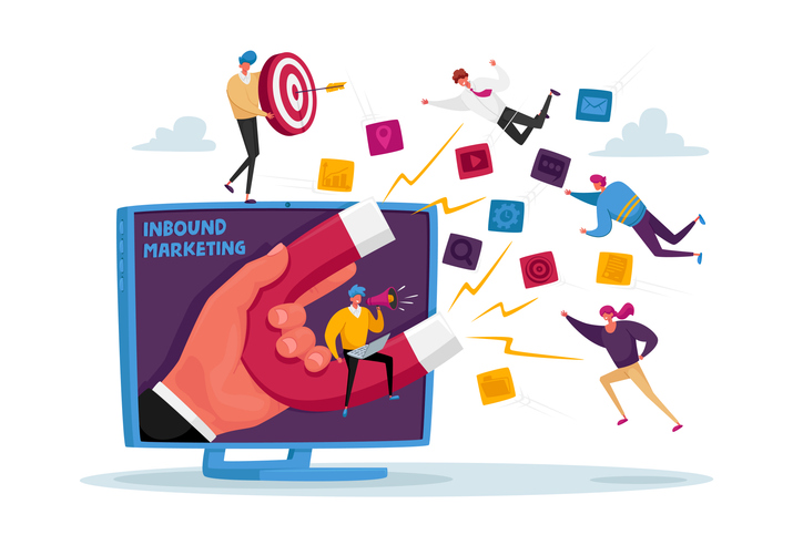 Huge Hand on Computer Monitor with Magnet Attracting new Leads and Generating Income with Inbound Marketing Technology. Businessman Character Attracting Clients. Cartoon People Vector Illustration