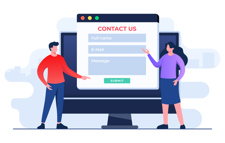 Flat-style vector illustration of Contact Us form on computer screen, website banner, Customer support, customer service, online support, help desk concept for website banner, online advertisement, marketing material, business presentation, poster, landing page, and infographic