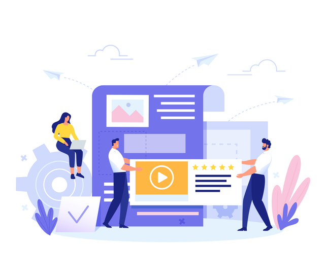 Team fill web page with content. Management, SMM and Blogging concept in flat design. Creating, marketing and sharing of digital - vector illustration.
