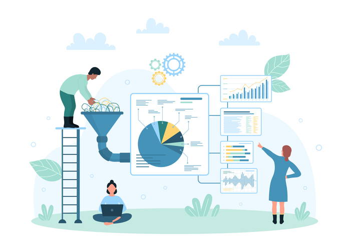 Stock market analytics vector illustration. Cartoon tiny people work on conversion of big data to infographic charts and diagrams in cone funnel with pipeline, marketing analytics and optimization