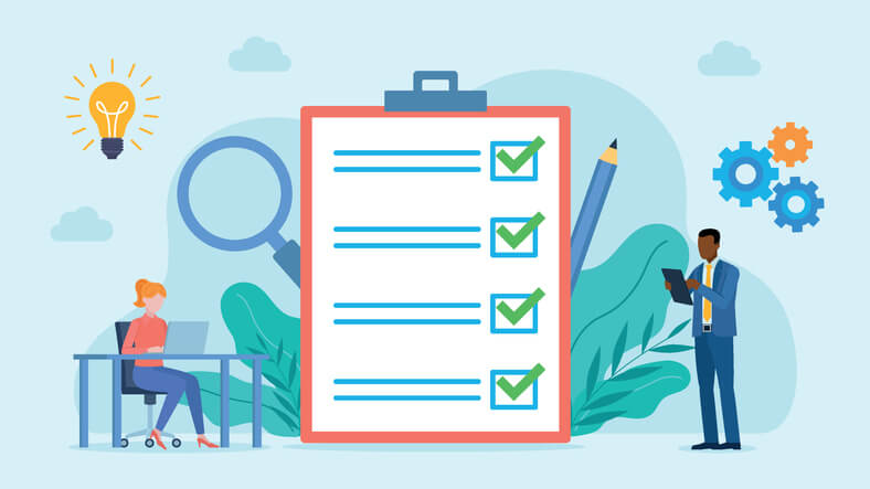 Notebook with checklist. All fields marked green. Next to the checklist stands an employee with a tablet and an employee working on a laptop. Flat design vector.