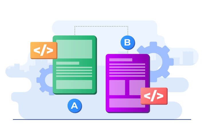 Flat-style vector illustration of AB testing concept, Comparison split wireframe application on display smartphone, compare test result between 2 page of website design concept for website banner, online advertisement, marketing material, business presentation, poster, landing page, and infographic