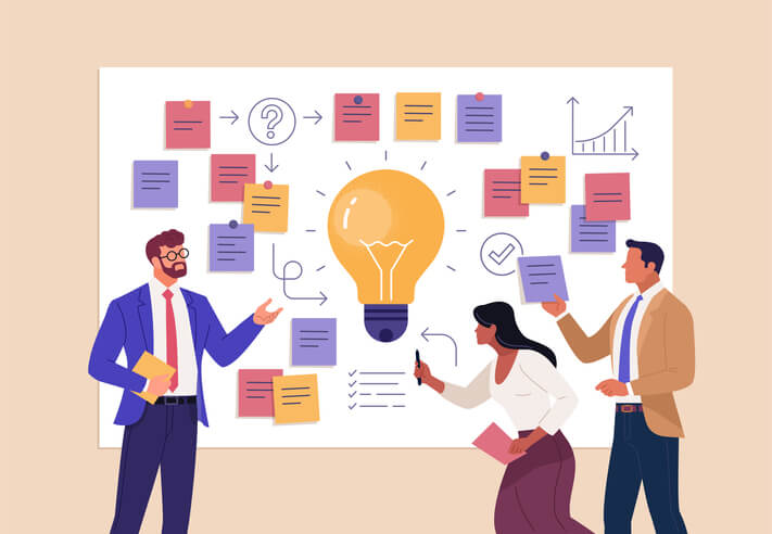 Vector cartoon illustration of a close-up group of diverse people standing near a board with sticky notes and discussing an idea. Isolated on background.
