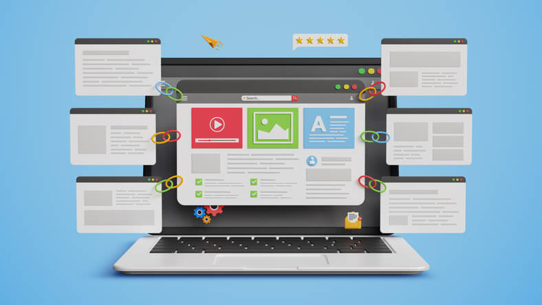Website Link Building, Content Backlink Strategy, SEO Growth, Improved Rankings, Organic Traffic Boost, Digital Visibility Tactics. 3D website page with backlink pages on a laptop screen