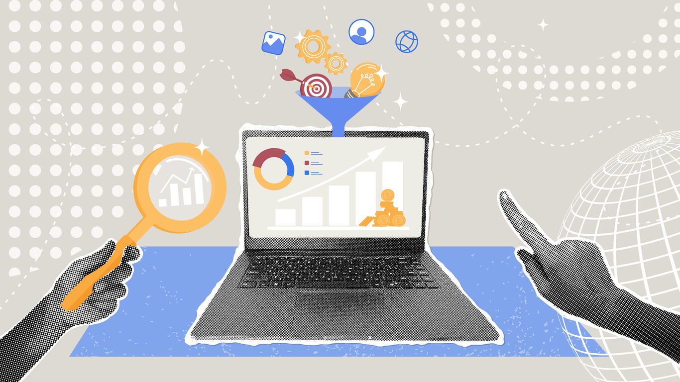 Data-driven business strategy and marketing funnel. Fashionable halftone collage. Concepts of analysis, information exploration, and validation. Vector illustration