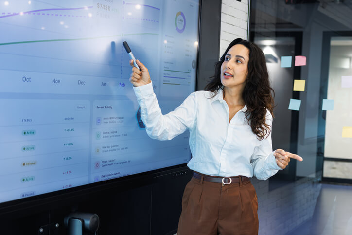 Businesswoman Pointing at a Line Graph While Presenting Business Progress and Performance Insights to a Team.