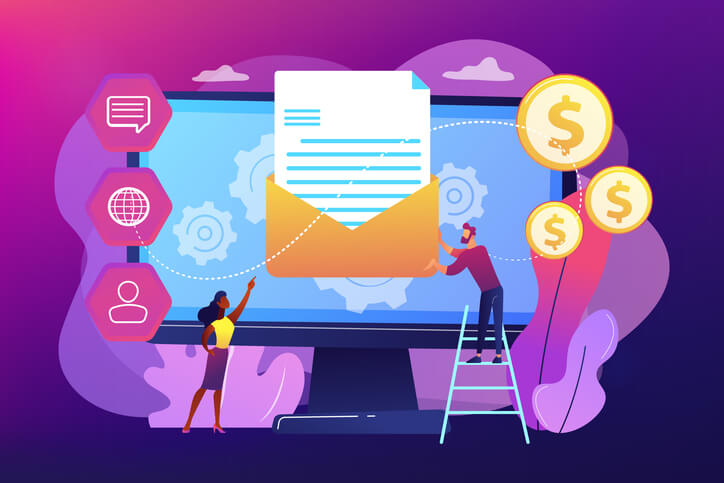 Customer receiving automated marketing message, tiny people. Marketing automation system, automated advertise message, marketing dashboard concept. Bright vibrant violet vector isolated illustration