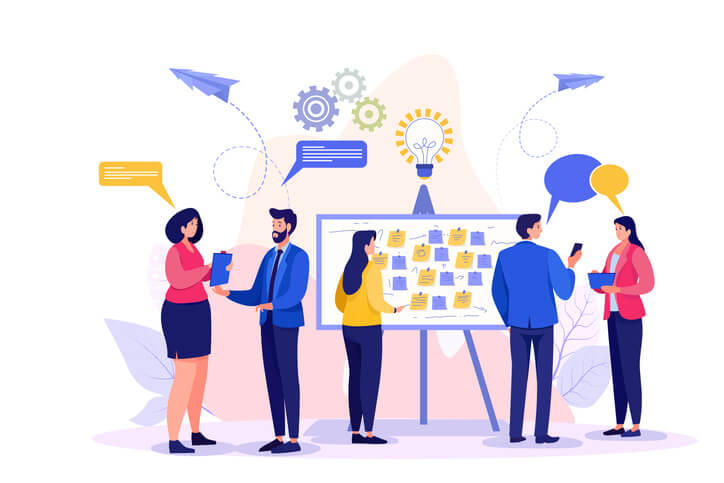 Workshop or business discussion, meeting or brainstorm new idea, training course class, Q and A, question and answer chat, business people in workshop meeting room with whiteboard and sticky notes.